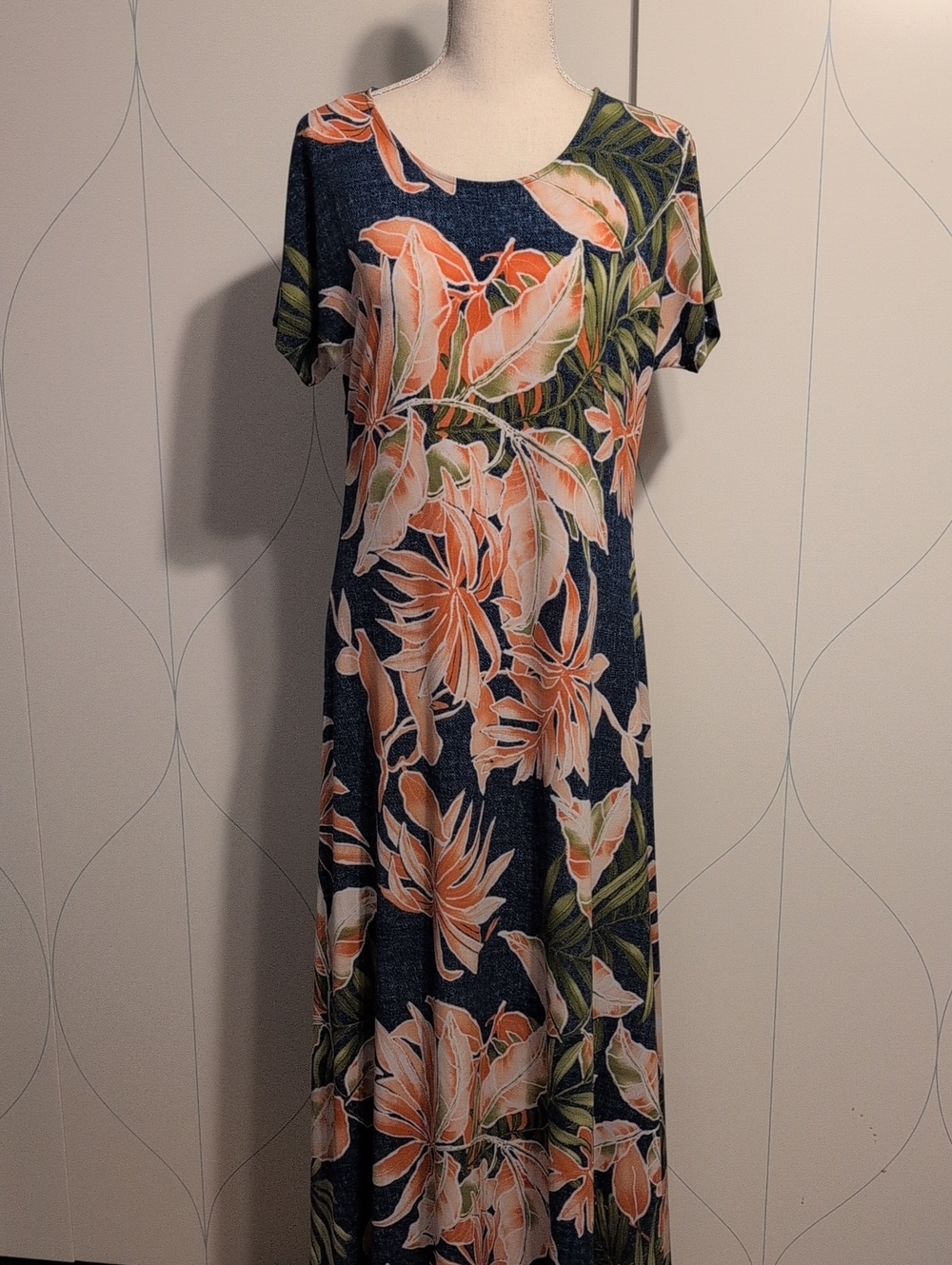 4/$20 Attitudes by Renee Denim Color Maxi Dress with Peach Floral & Green Leaves